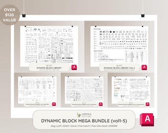 Può includere: Una collezione di cinque stampe di planimetrie di design architettonico, ciascuna con disegni tecnici dettagliati in bianco e nero. Le stampe sono etichettate "Dynamic Block Library" e "Dynamic Block Library Vol. 2", parte di un "Dynamic Block Mega Bundle".