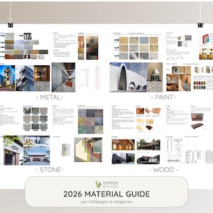 Puede incluir: Un póster con muestras de materiales arquitectónicos, incluyendo metal, pintura, piedra y madera. El póster incluye imágenes y texto, con el título "2026 MATERIAL GUIDE" y el logotipo de Vertex Plus Studio.