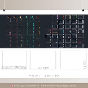 May include: A white poster with a dark grey background featuring a grid of colourful design elements and technical drawings. The text "FREE GIFT: TITLE BLOCK $10+" is visible. The bottom of the poster reads "Finish your design faster&mdash;no more last-minute asset hunting."
