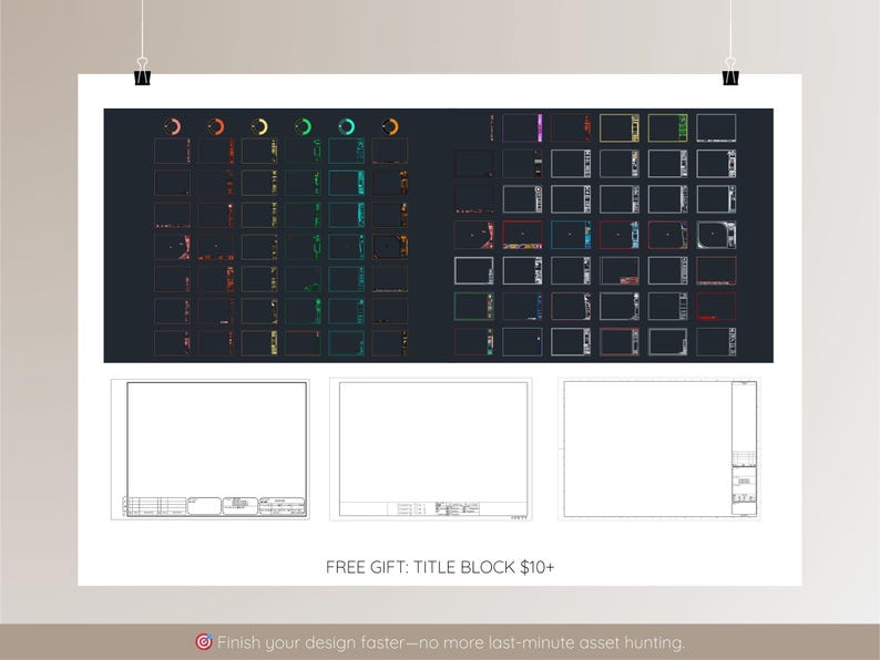 May include: A white poster with a dark grey background featuring a grid of colourful design elements and technical drawings. The text "FREE GIFT: TITLE BLOCK $10+" is visible. The bottom of the poster reads "Finish your design faster&mdash;no more last-minute asset hunting."