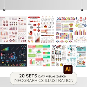 Könnte beinhalten: Ein weißes Poster mit verschiedenen Datenvisualisierungs-Infografiken. Das Poster zeigt Diagramme und Grafiken in verschiedenen Farben. Der Text unten lautet "20 SETS DATA VISUALIZATION INFOGRAPHICS ILLUSTRATION".
