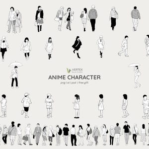 May include: Black and white line art of various people in different poses, including walking, standing, and holding umbrellas. The text "ANIME CHARACTER" is displayed in the center of the image.