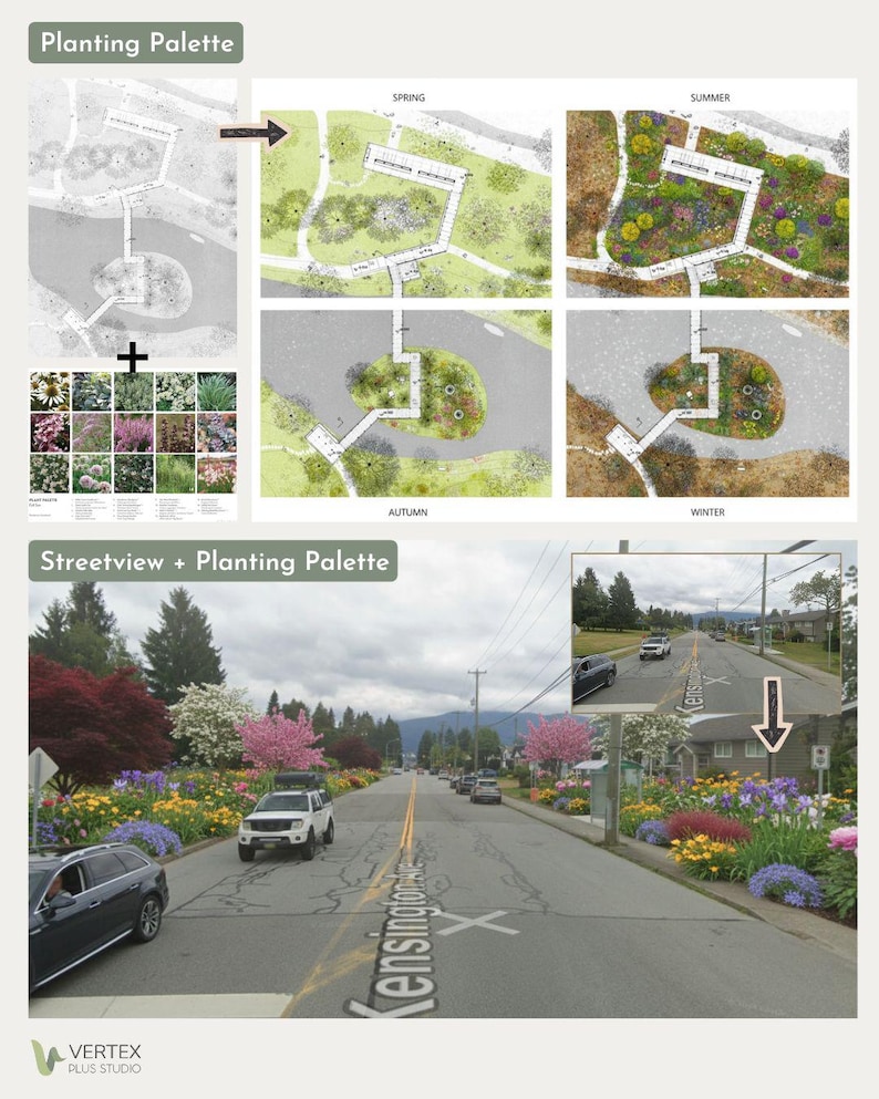 May include: A design concept image showing a planting palette and street view. The planting palette includes a variety of flowers. The street view shows a road with colorful flower beds, cars, and the text "Kensington X". The image also shows seasonal views.