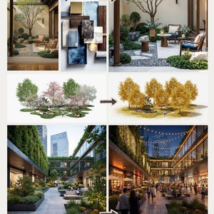 May include: A composite image showcasing architectural renderings and photo retouching. It features a serene outdoor space with seating, a mood board with material samples, and a modern commercial area with restaurants and shops. The Vertex Plus Studio logo is at the bottom.
