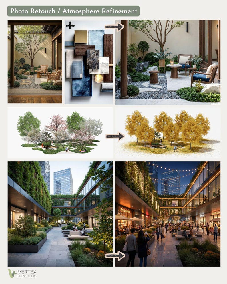 May include: A composite image showcasing architectural renderings and photo retouching. It features a serene outdoor space with seating, a mood board with material samples, and a modern commercial area with restaurants and shops. The Vertex Plus Studio logo is at the bottom.
