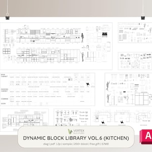 Peut inclure: Une feuille de dessin architectural numérique intitulée DYNAMIC BLOCK LIBRARY VOL.6 (KITCHEN) par VERTEX PLUS STUDIO. Le document présente divers dessins techniques en noir et blanc d'armoires de cuisine, de meubles bas, d'éléments hauts et de plans.