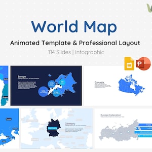 May include: A presentation template titled "World Map" with the text "Animated Template & Professional Layout" and "114 Slides | Infographic." The design features blue world maps and country outlines, with text labels for countries like Europe, Canada, and Germany.