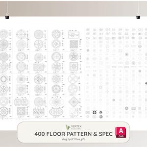 Peut inclure: Une affiche blanche présente de nombreux motifs de sols en noir et blanc, notamment des formes circulaires et carrées. L'affiche comprend le texte "400 FLOOR PATTERN & SPEC" et le logo Vertex Plus Studio.