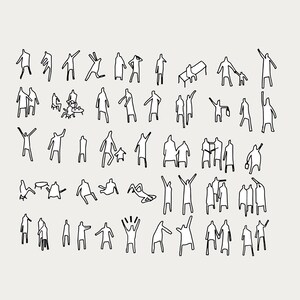 May include: A collection of minimalist line drawings of people in various poses, including standing, sitting, and interacting. The figures are rendered in black against a light beige background, creating a simple yet dynamic composition.