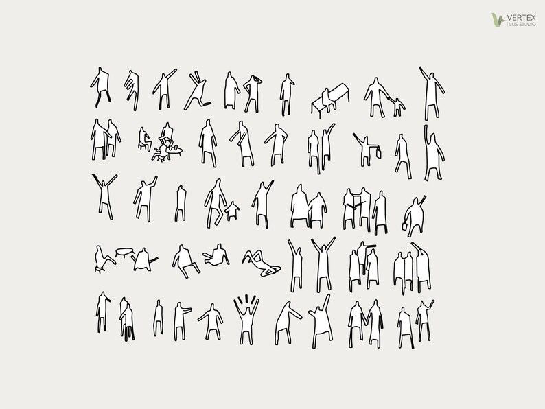 May include: A collection of minimalist line drawings of people in various poses, including standing, sitting, and interacting. The figures are rendered in black against a light beige background, creating a simple yet dynamic composition.