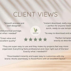 May include: A beige background with the text "CLIENT VIEWS" in a dark brown font. The image includes customer reviews, a logo, and five green stars. The reviews highlight ease of use and quality.