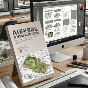 Puede incluir: Un libro titulado "AI Design Visualization" con texto en chino, exhibido sobre un escritorio de madera junto a una computadora que muestra software de diseño arquitectónico. La portada del libro presenta un plano de arquitectura paisajística. Otros elementos incluyen un lápiz óptico, una regla y una taza de café.