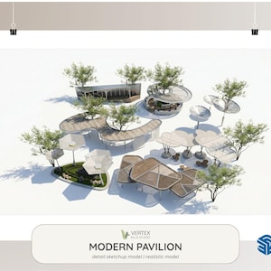 Puede incluir: Una colección de diseños de pabellones modernos, con diversas formas y tamaños. Los diseños incluyen mesas, áreas de descanso y estructuras con árboles integrados. La imagen incluye el texto "MODERN PAVILION" y "detail sketchup model | realistic model".