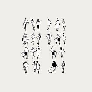 May include: A collection of minimalist black and white illustrations of people in various poses and activities. Some figures are walking, carrying bags, or accompanied by children or a dog. The figures are set against a neutral background.