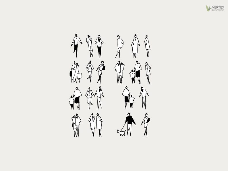 May include: A collection of minimalist black and white illustrations of people in various poses and activities. Some figures are walking, carrying bags, or accompanied by children or a dog. The figures are set against a neutral background.