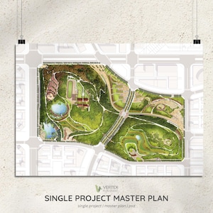 Op de afbeelding: Een gedetailleerde architectonische weergave van een park masterplan, met groene ruimtes, waterpartijen en wegen. De poster wordt opgehangen met clips en bevat de tekst "SINGLE PROJECT MASTER PLAN" en het Vertex Plus Studio logo.