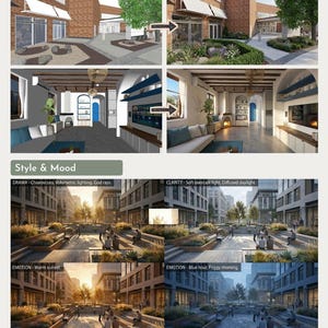 May include: A graphic showcasing architectural renderings. The top section displays a building's transformation from a 3D model to a rendered image. The bottom section presents various city scenes, highlighting different lighting and mood effects, including warm sunset and foggy morning.