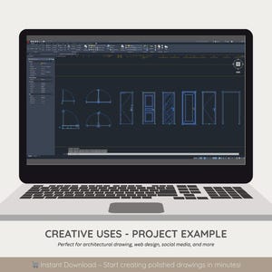 May include: A laptop showing architectural door designs on its screen. The screen displays a dark interface with blue line drawings. The text "CREATIVE USES - PROJECT EXAMPLE" is below the laptop. The laptop is on a white surface.