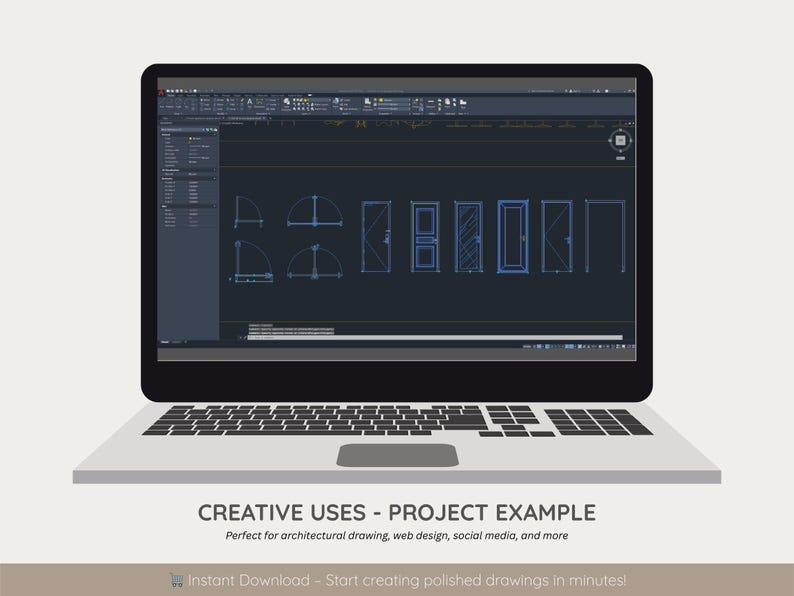 May include: A laptop showing architectural door designs on its screen. The screen displays a dark interface with blue line drawings. The text "CREATIVE USES - PROJECT EXAMPLE" is below the laptop. The laptop is on a white surface.