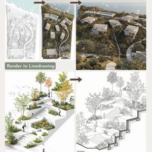May include: Architectural renderings showcasing a resort design. The image includes a bird's-eye view plan, a detailed rendering of terraced stairs with landscaping, and a line drawing section view. The text "Plan to Bird-eye" and "Render to Linedrawing" are visible.