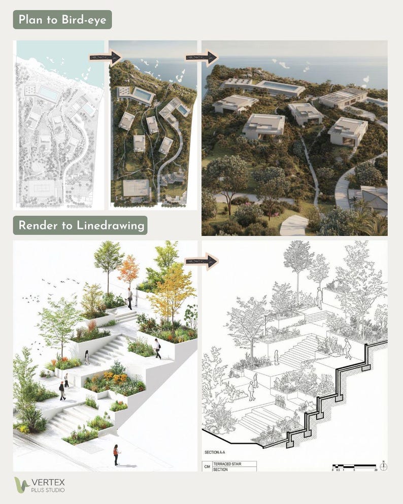 May include: Architectural renderings showcasing a resort design. The image includes a bird's-eye view plan, a detailed rendering of terraced stairs with landscaping, and a line drawing section view. The text "Plan to Bird-eye" and "Render to Linedrawing" are visible.