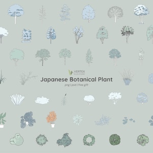 May include: An illustration of Japanese botanical plants in blue, green, and grey. The image includes trees, shrubs, and other plant life, with the text "Japanese Botanical Plant" and "png | psd | free gift".