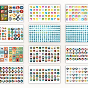 May include: A collection of various digital icons and profile pictures arranged in a grid pattern. The icons are colorful and represent different categories, while the profile pictures feature diverse illustrations of people.