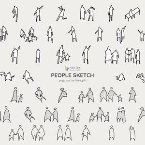 Puede incluir: Una colección de dibujos lineales en blanco y negro de personas en varias poses. Los bocetos incluyen figuras de pie, caminando e interactuando, algunas sosteniendo objetos. También está presente el texto "PEOPLE SKETCH".