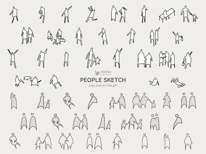 May include: A collection of black and white line drawings of people in various poses. The sketches include figures standing, walking, and interacting, with some holding objects. The text "PEOPLE SKETCH" is also present.
