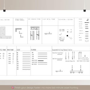 May include: A white architectural blueprint with technical drawings, including wall sections, stair steps, and metal frames. The blueprint also features text and a series of lines and symbols. The bottom of the blueprint has the text: "Finish your design faster-no more last-minute asset hunting."