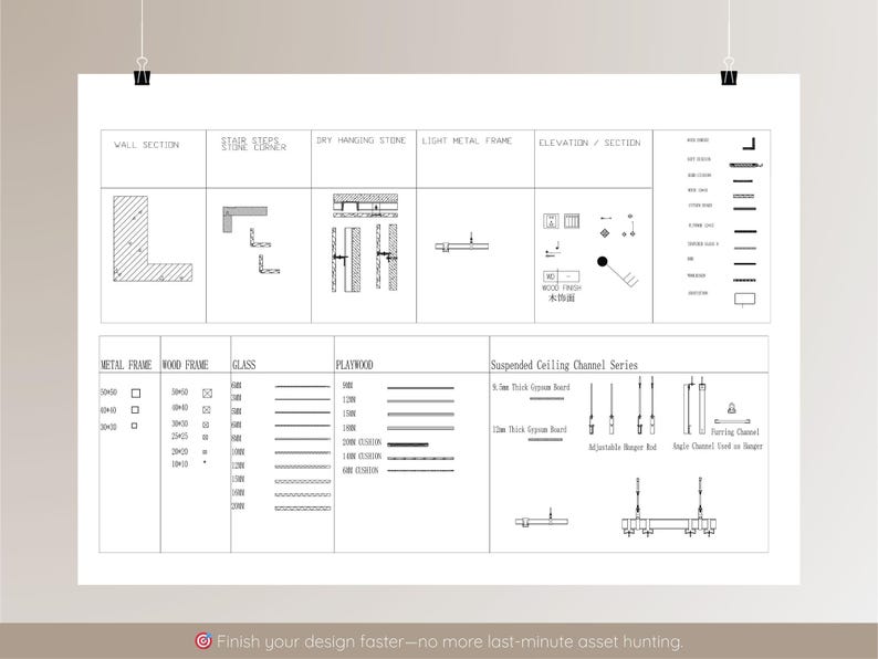 May include: A white architectural blueprint with technical drawings, including wall sections, stair steps, and metal frames. The blueprint also features text and a series of lines and symbols. The bottom of the blueprint has the text: "Finish your design faster-no more last-minute asset hunting."