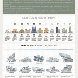 May include: An architectural history timeline infographic with a clean white background. It features labeled eras, including Ancient Architecture, Gothic, and Modernism, with simplified silhouettes and icons. The text "NEW CHAPTER IS NOW LIVE!" is at the top.