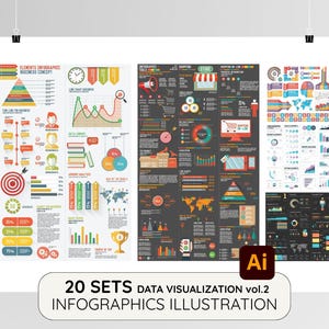 Puede incluir: Un póster que muestra 20 conjuntos de ilustraciones de infografías de visualización de datos. Las infografías utilizan una variedad de gráficos, diagramas e iconos para representar datos. La paleta de colores incluye rojo, verde, amarillo y azul. El texto en el póster dice "20 SETS DATA VISUALIZATION vol.2 INFOGRAPHICS ILLUSTRATION."