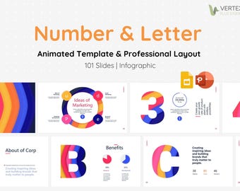 Plantilla animada de PowerPoint con números y letras / Infografía / Alta gama / Transiciones dinámicas y diseño profesional