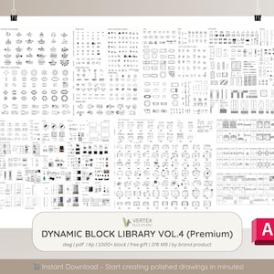 May include: A white poster displaying numerous black and white architectural and design block diagrams. The poster includes the text "DYNAMIC BLOCK LIBRARY VOL.4 (Premium)" and "Instant Download - Start creating polished drawings in minutes!"
