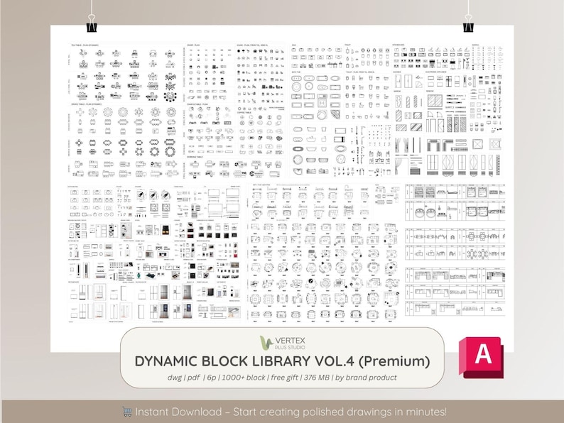 May include: A white poster displaying numerous black and white architectural and design block diagrams. The poster includes the text "DYNAMIC BLOCK LIBRARY VOL.4 (Premium)" and "Instant Download - Start creating polished drawings in minutes!"