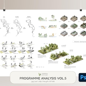 May include: A poster featuring architectural diagrams and scene analysis illustrations. The diagrams include tree and landscape designs, along with isometric views of various scenes. The title "PROGRAMME ANALYSIS VOL.5" is displayed at the bottom, with the Vertex Plus Studio logo.