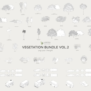 Pflanzen Zeichnung Bundle vol2 | Bäume, Sträucher, Fahrzeuge | PNG, PSD | Architektur und Design | Gratisgeschenk