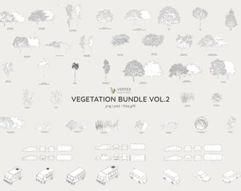 Pflanzen Zeichnung Bundle vol2 | Bäume, Sträucher, Fahrzeuge | PNG, PSD | Architektur und Design | Gratisgeschenk