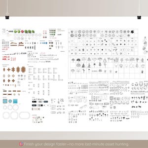 May include: A white poster featuring black and white architectural and landscape design elements. The poster includes trees, furniture, and other design components. Text at the bottom reads "Finish your design faster - no more last-minute asset hunting."