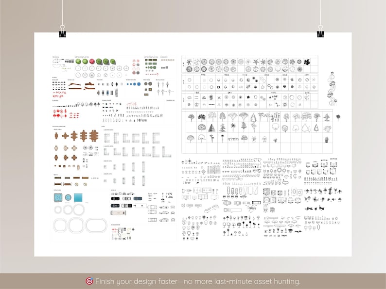May include: A white poster featuring black and white architectural and landscape design elements. The poster includes trees, furniture, and other design components. Text at the bottom reads "Finish your design faster - no more last-minute asset hunting."
