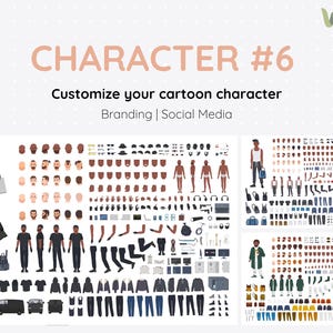 Puede incluir: Ilustración con el texto "CHARACTER #6" y "Customize your cartoon character". La imagen muestra varias opciones de personalización de personajes de dibujos animados, incluyendo caras, partes del cuerpo, ropa y accesorios, para branding y redes sociales.