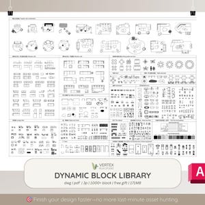 May include: A white poster featuring black line drawings of furniture and design elements. The poster includes the text "DYNAMIC BLOCK LIBRARY" and "Finish your design faster-no more last-minute asset hunting."