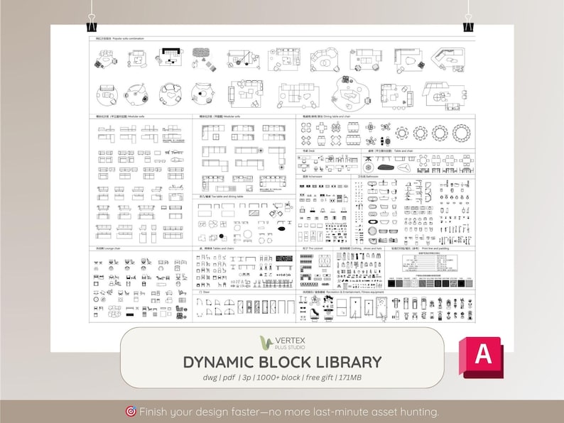 May include: A white poster featuring black line drawings of furniture and design elements. The poster includes the text "DYNAMIC BLOCK LIBRARY" and "Finish your design faster-no more last-minute asset hunting."