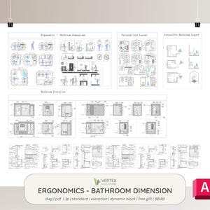 Peut inclure: Une affiche blanche présentant des plans et des dimensions de salles de bains architecturales. L'affiche comprend des schémas d'ergonomie, d'aménagements personnalisés et de conceptions de salles de bains accessibles. Le texte en bas indique "ERGONOMICS - BATHROOM DIMENSION".