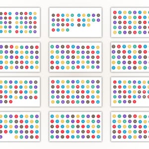 May include: A collection of colorful circular icons arranged in rows and columns on white backgrounds. Each icon is a different color and features a unique symbol or graphic. The icons are in shades of red, blue, green, yellow, and purple.