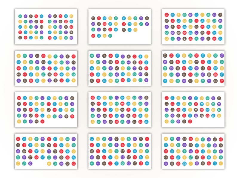 May include: A collection of colorful circular icons arranged in rows and columns on white backgrounds. Each icon is a different color and features a unique symbol or graphic. The icons are in shades of red, blue, green, yellow, and purple.