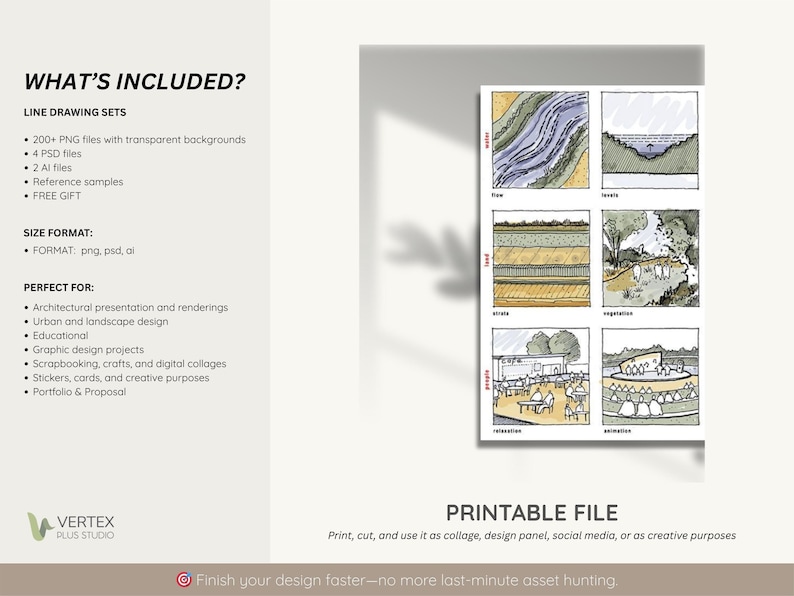May include: A digital download product with architectural line drawing sets. Includes 200+ PNG files, 4 PSD files, and 2 AI files. The product is perfect for architectural presentations, urban design, and educational projects. The text on the image says "Printable File".