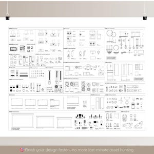May include: A white poster featuring numerous black line drawings of furniture and appliances, such as lamps, tables, and refrigerators. The text at the bottom states, "Finish your design faster - no more last-minute asset hunting."