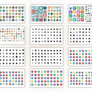 May include: Collection of various icons in different styles. The image features multiple rectangular arrangements of icons, including colorful circular icons, square icons, and black and white icons. The icons represent diverse concepts.
